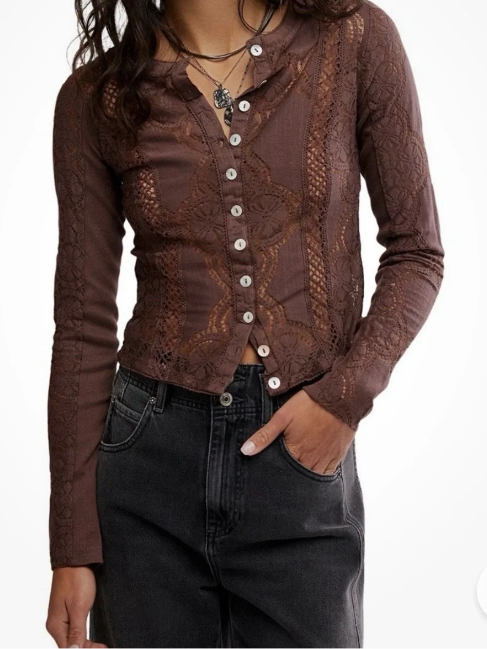 Free People Boho Brown Lace Button-Front Long Sleeve Top NWT - Women’s XS
